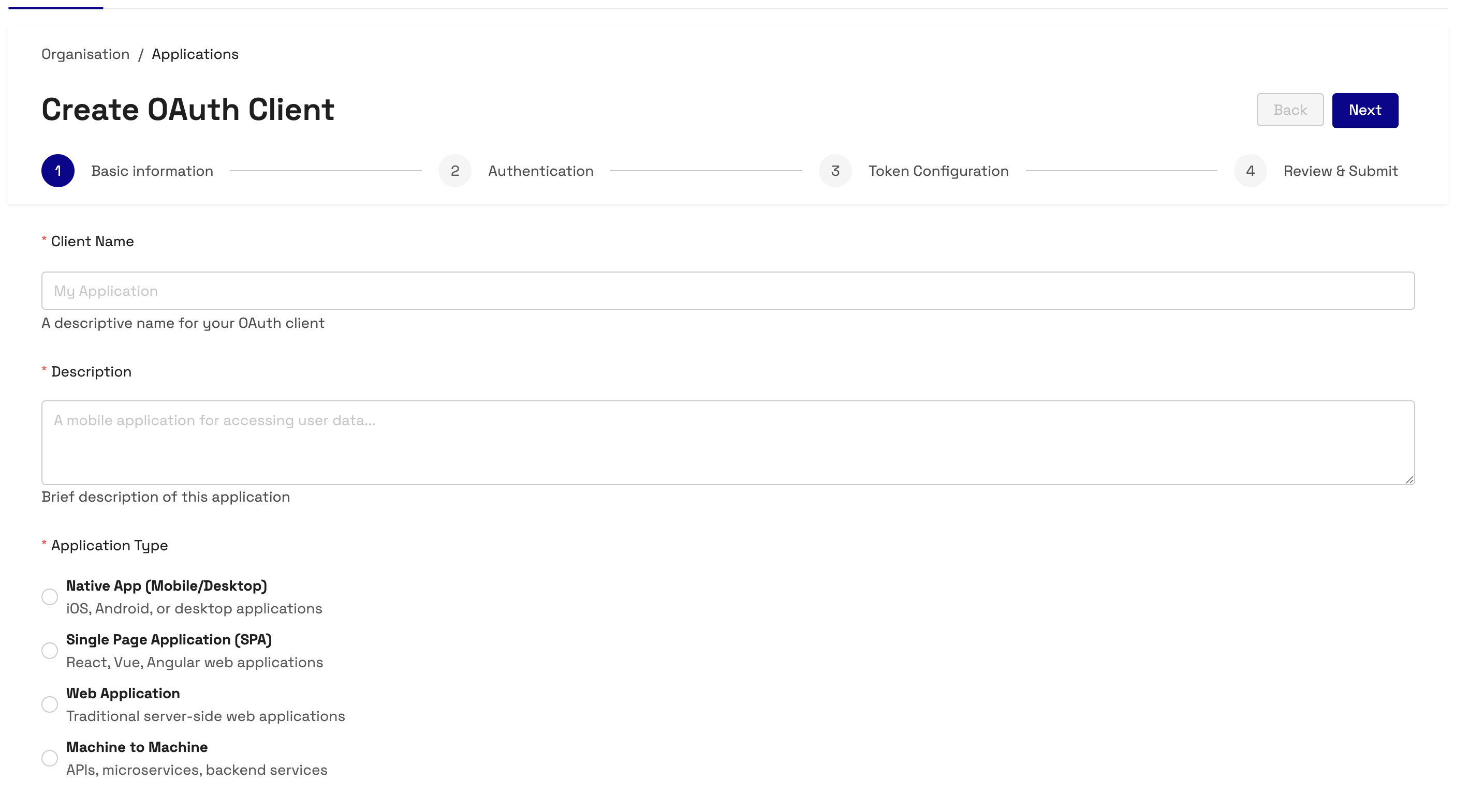 Create new OAuth Client screen for an Application in the System Admin area of Thredd Portal