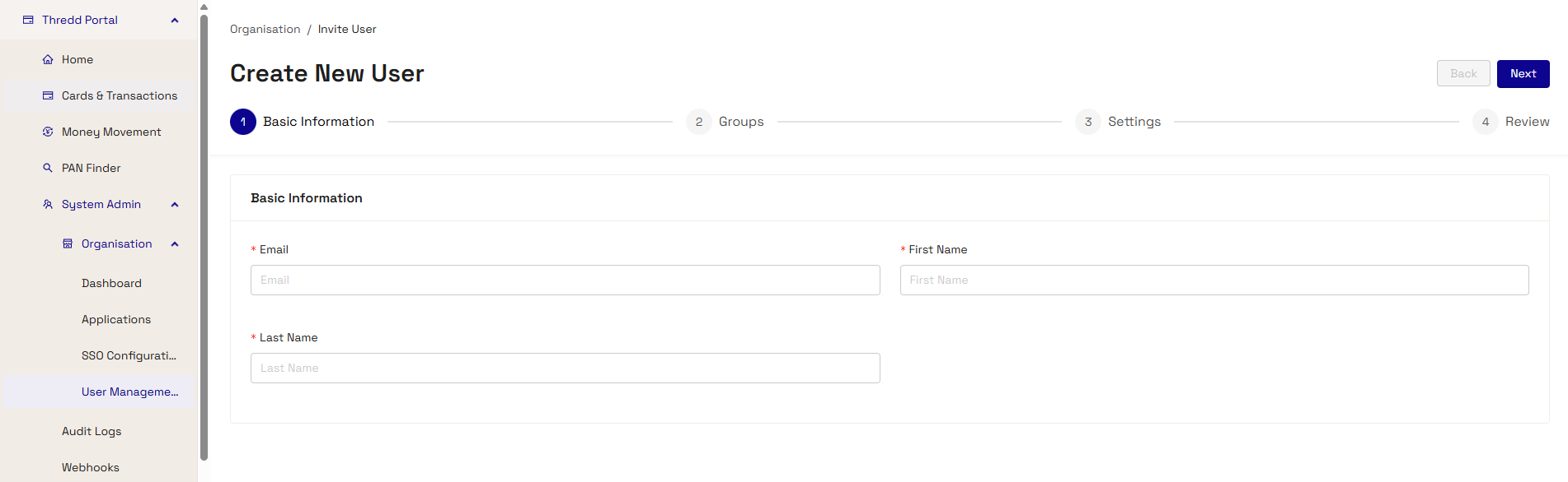 Create New User screen in Thredd Portal