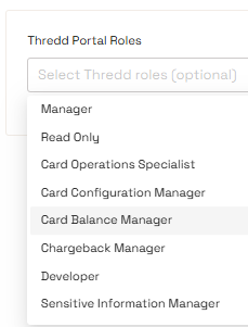 Thredd Portal Roles menu in the Create New User feature of Thredd Portal